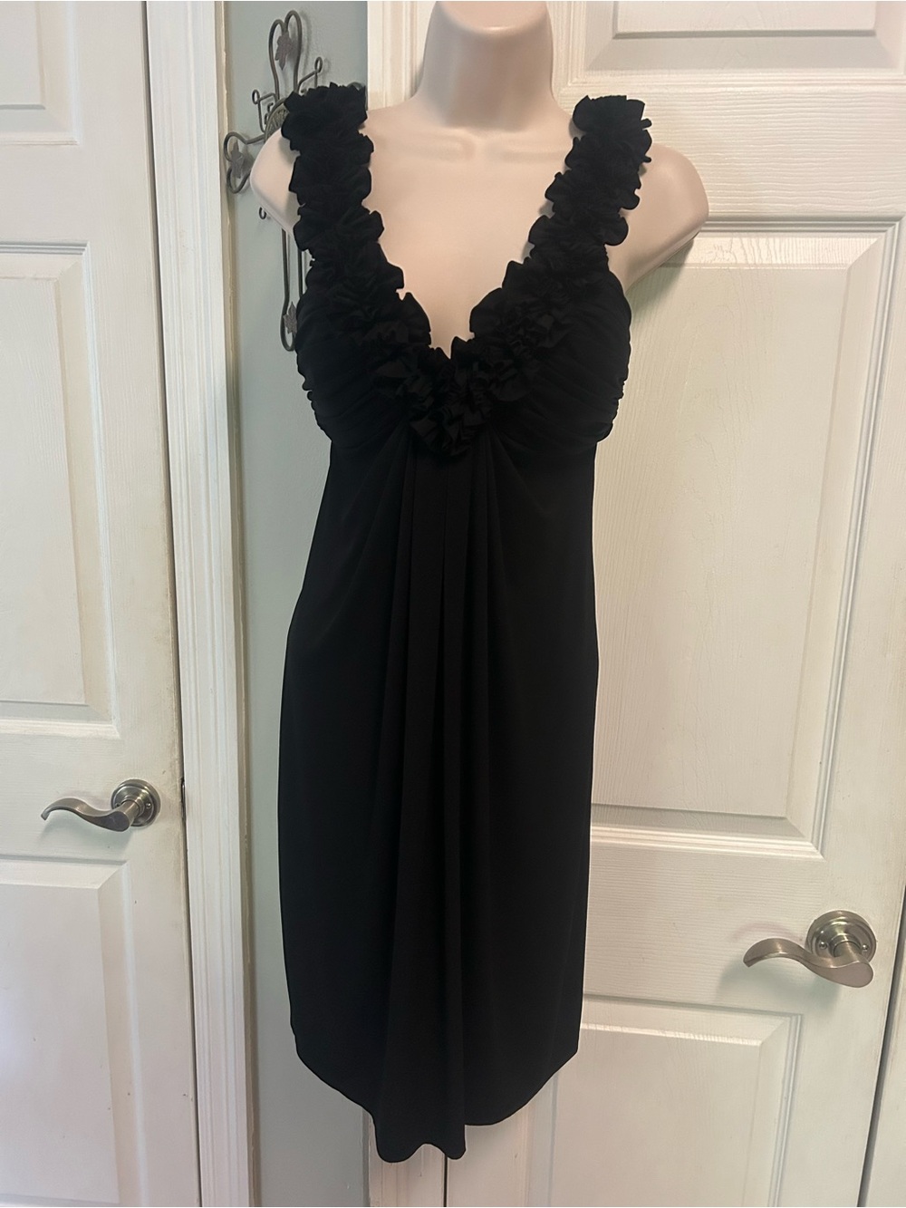 Black Ruffle-Trim Slip Dress Women’s Romantic Club Deep V Neck Boho Built in Bra